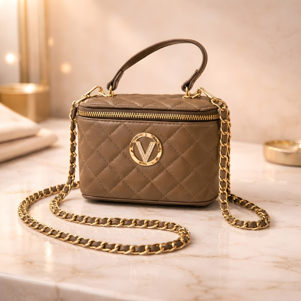 Valentino Orlandi Quilted Taupe Crossbody Bag with Gold Chain